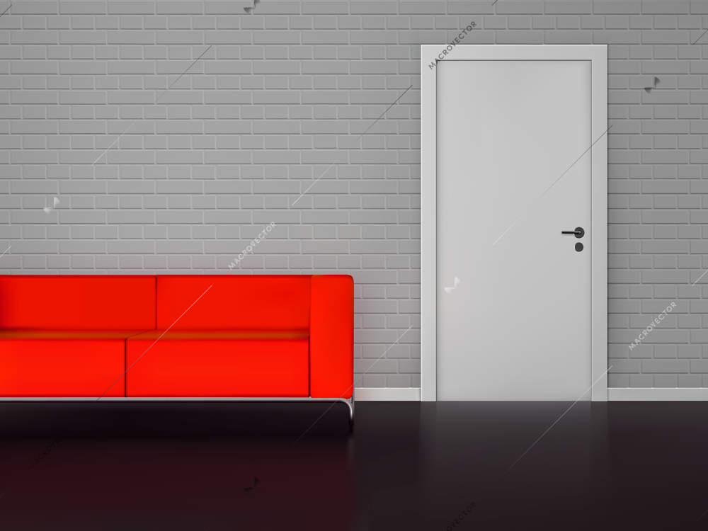 Realistic red sofa with brick wall and closed white door interiorvector illustration.