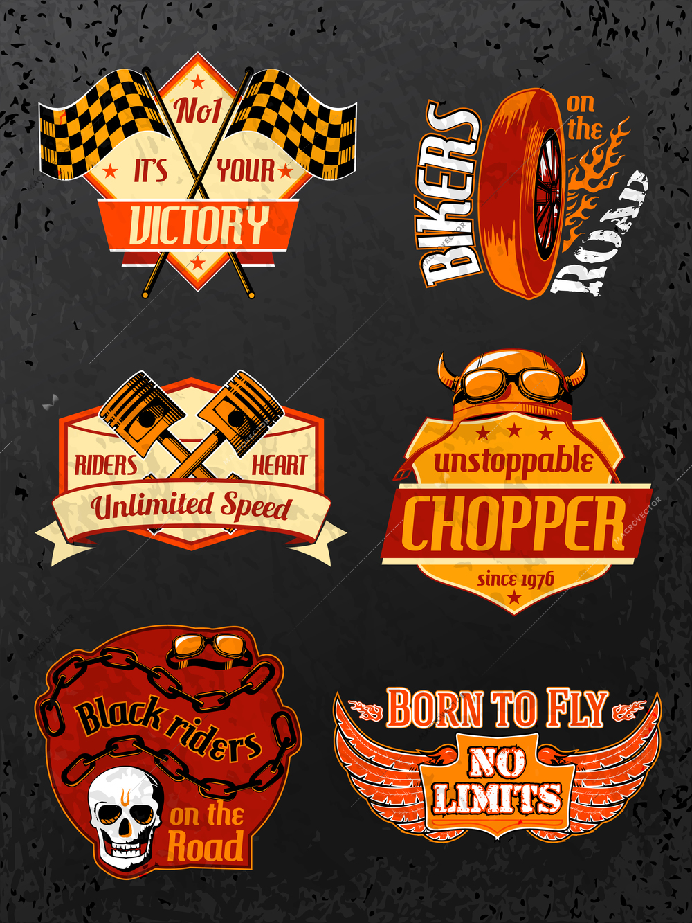 Motorcycle bike badges set with piston helmet and wheel vector illustration