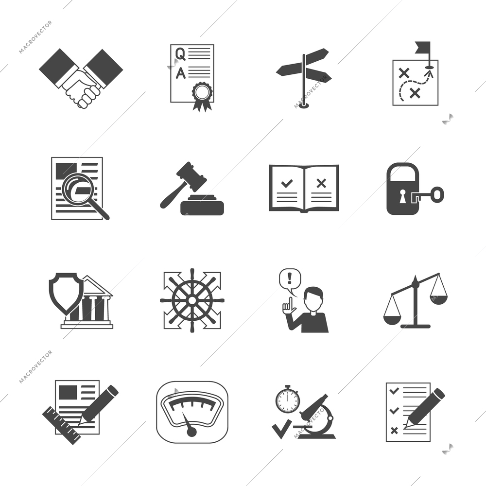Legal compliance terms abidance work policy black icons set isolated vector illustration