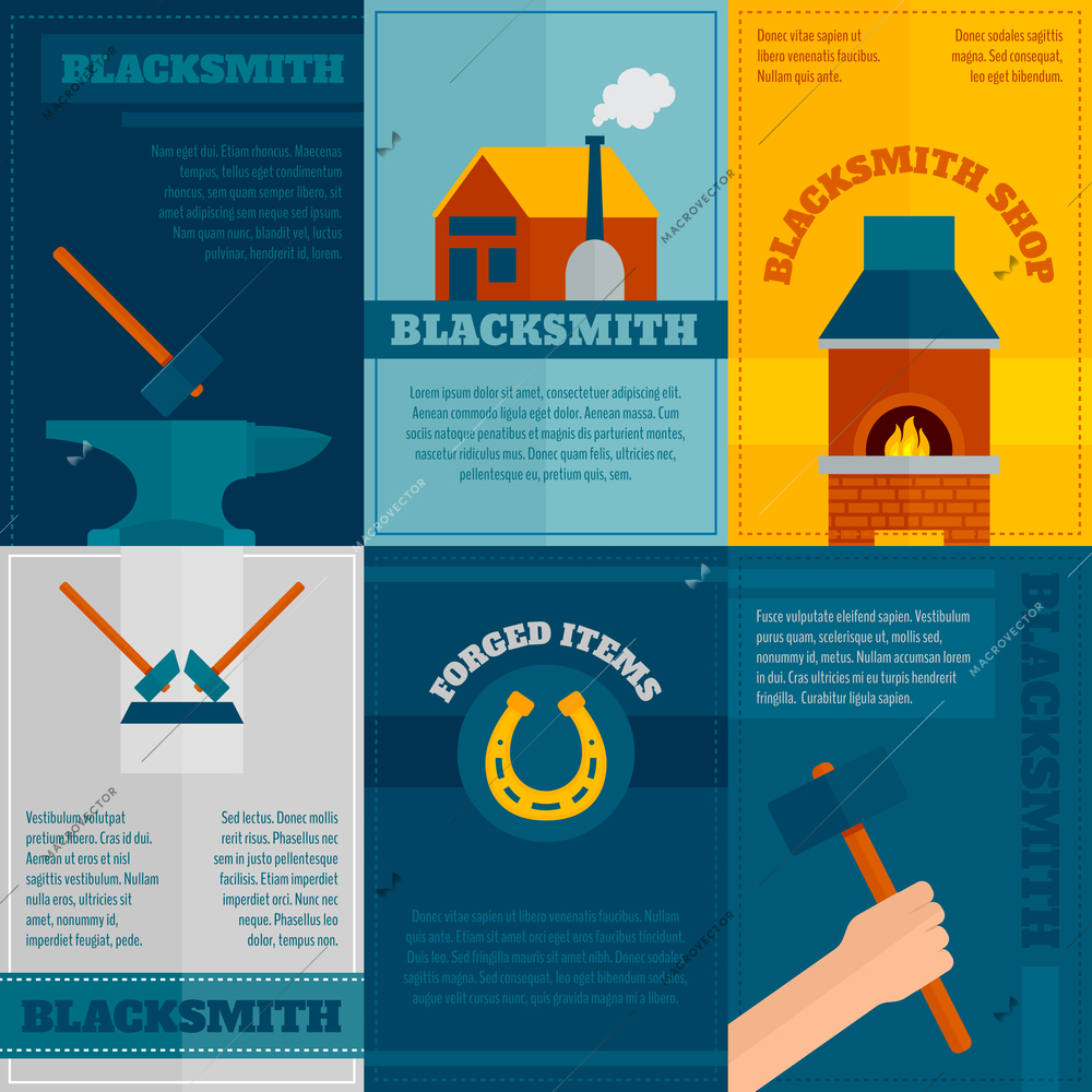 Blacksmith ironwork shop 6 flat icons composition with anvil hammer and forge poster abstract isolated vector illustration