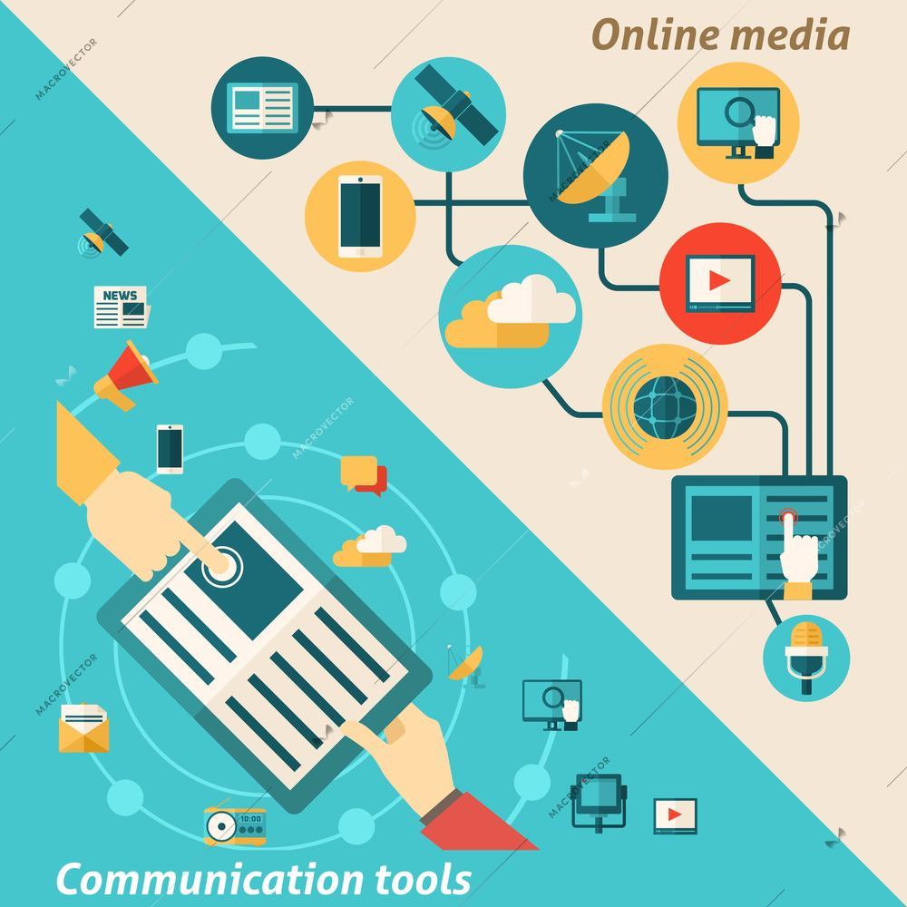 Media corner set with online communication tools elements isolated vector illustration