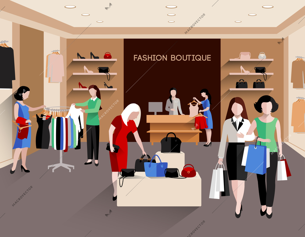 Fashion boutique with young women consumers and fashion clothing flat vector illustration