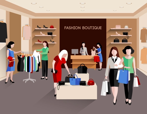 Fashion boutique with young women consumers and fashion clothing flat vector illustration