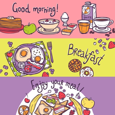 Breakfast horizontal banner set with food and drink hand drawn elements isolated vector illustration