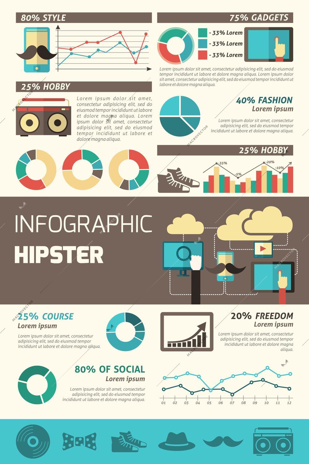 Hipster infographics set with fashion accessories symbols and charts vector illustration