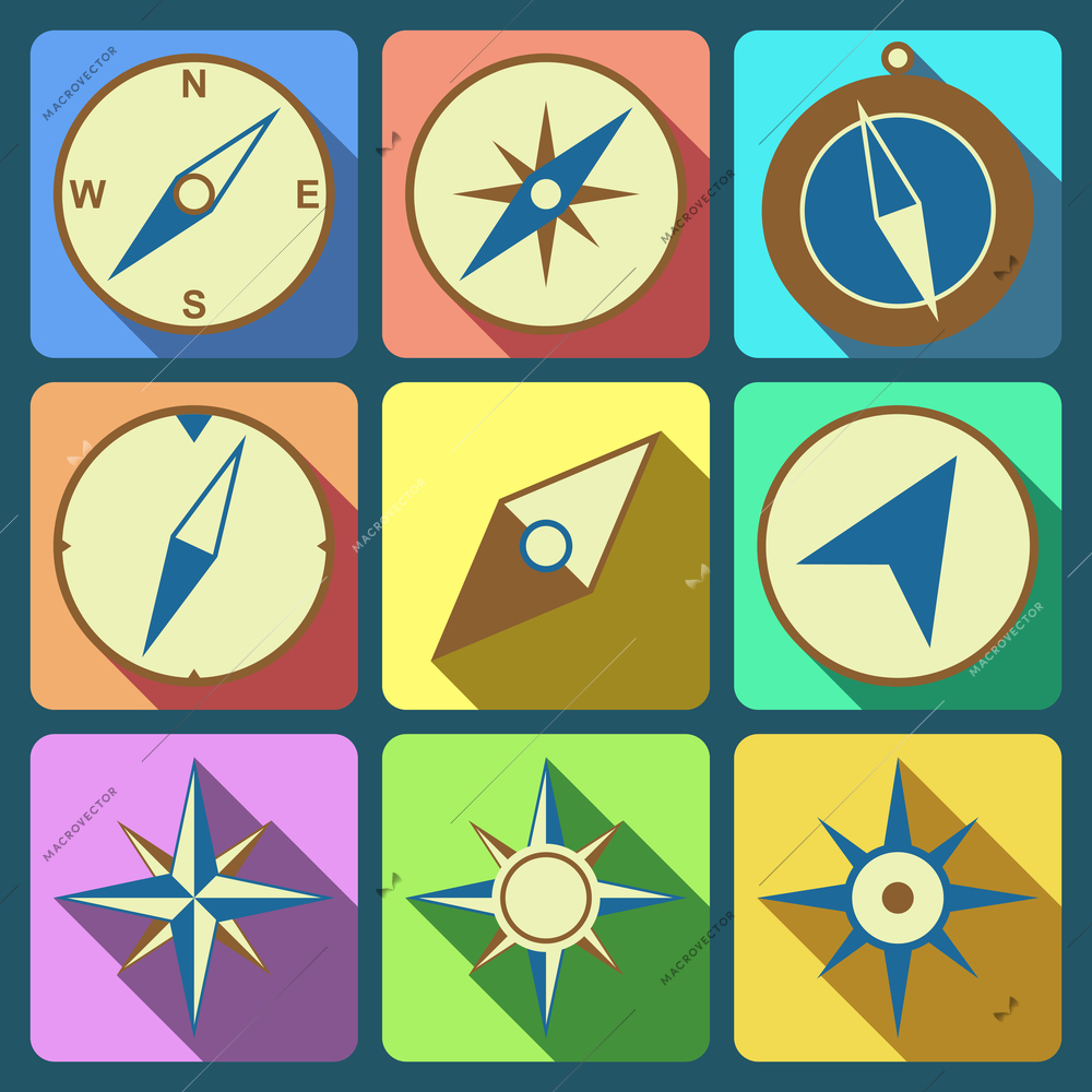 Navigation compass flat icons set isolated vector illustration