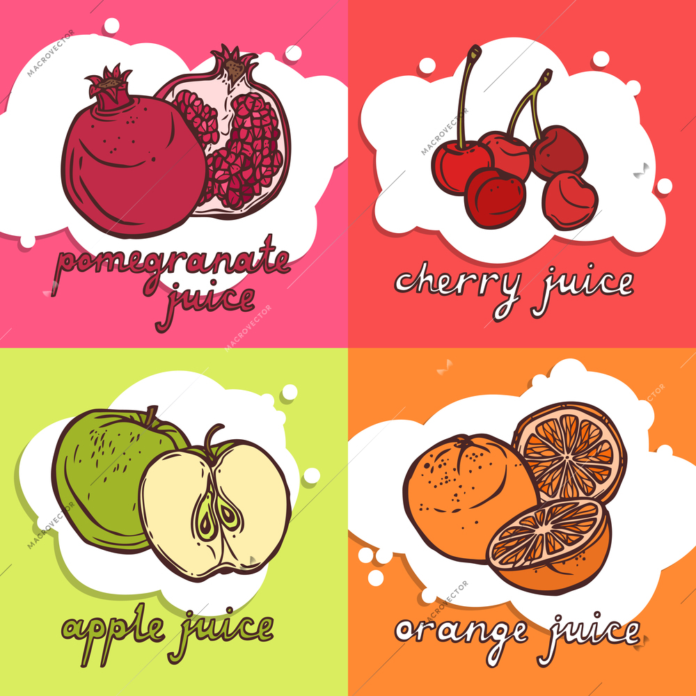 Fruit juice design concept set with pomegranate cherry apple orange sketch icons isolated vector illustration