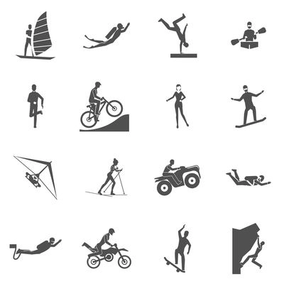 Extreme sports black icons set with people snorkeling diving jumping isolated vector illustration