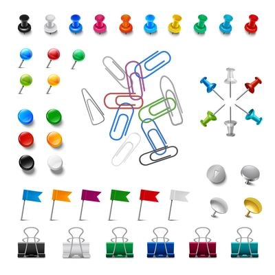 Realistic pushpins and colorful paper clips  set isolated vector illustration