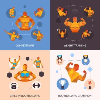 Bodybuilding design concept set with competition weight training champion polygonal icons isolated vector illustration