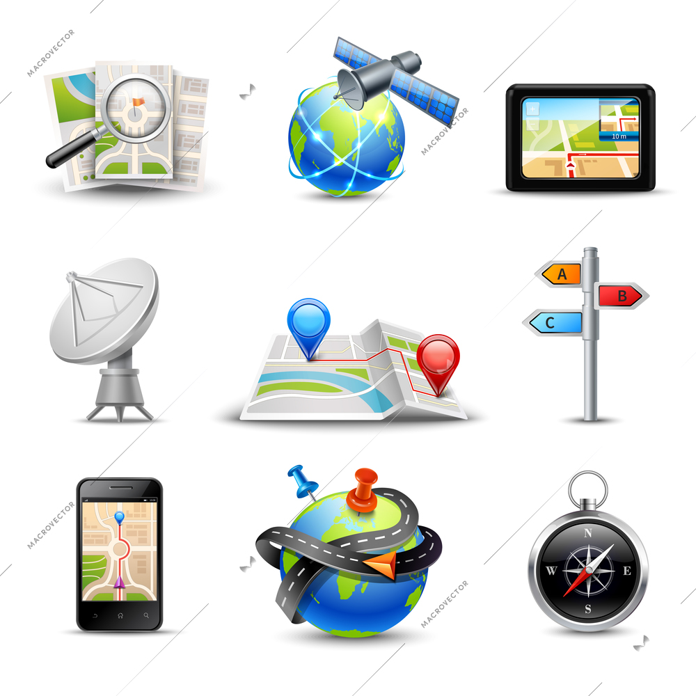 Realistic gps route search and navigation icons set isolated vector illustration