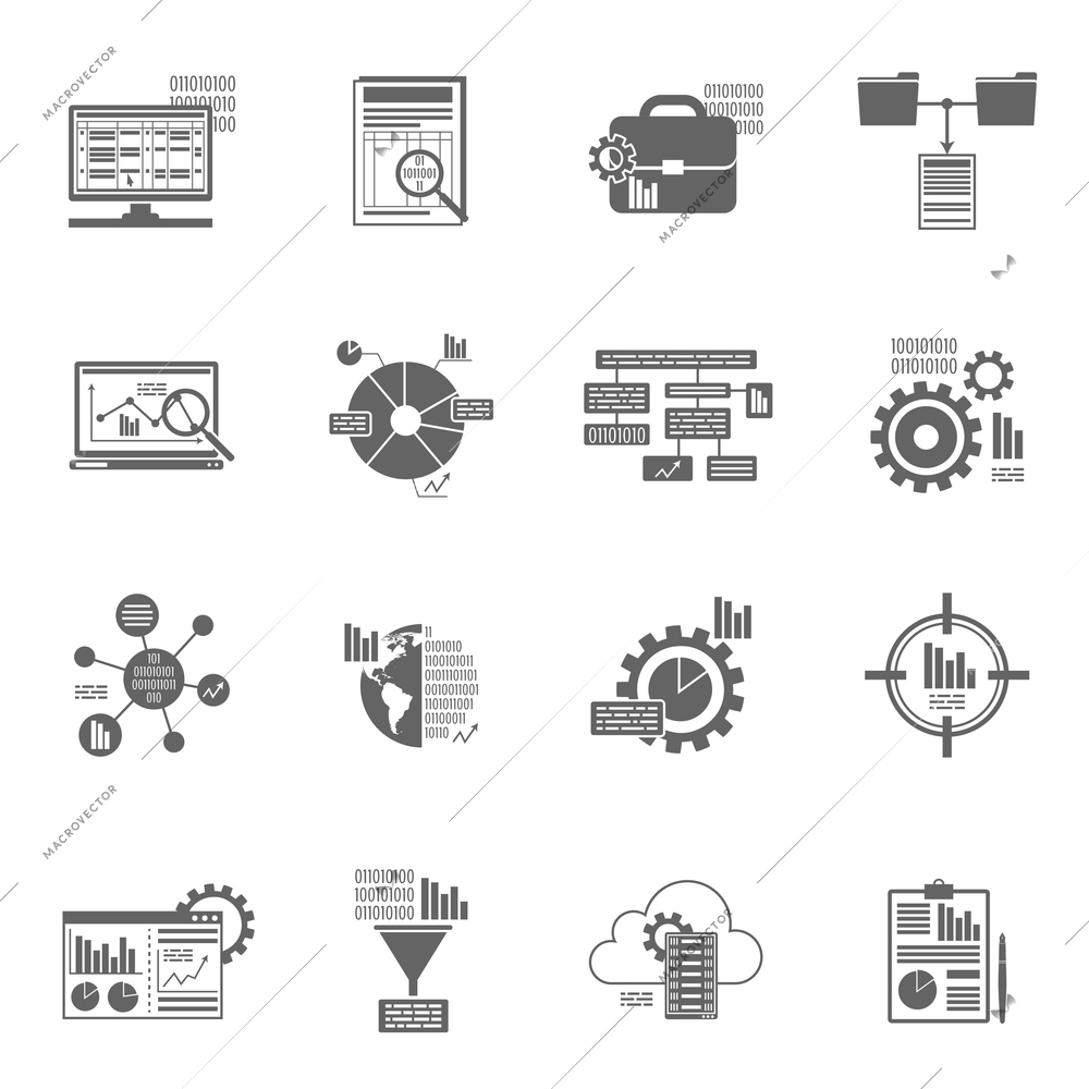 Data analytics database filter and information security black icons set isolated vector illustration