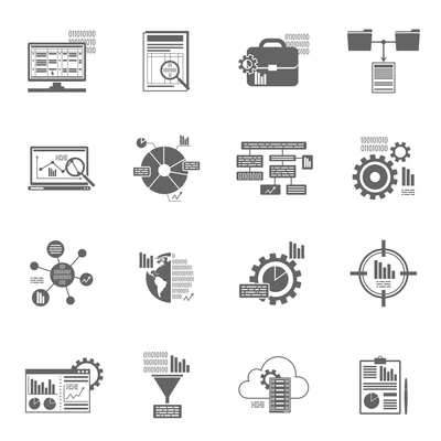 Data analytics database filter and information security black icons set isolated vector illustration