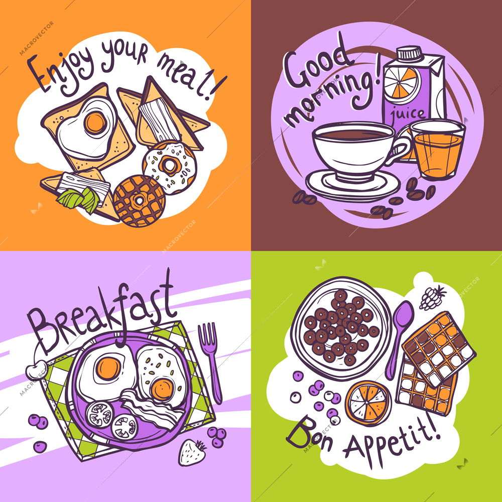 Breakfast design concept set with food and drink hand drawn icons isolated vector illustration