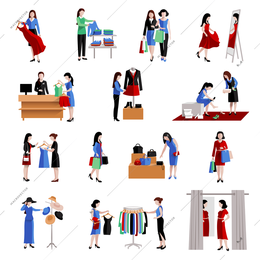 Woman in shopping center buying fashion goods icons set isolated vector illustration