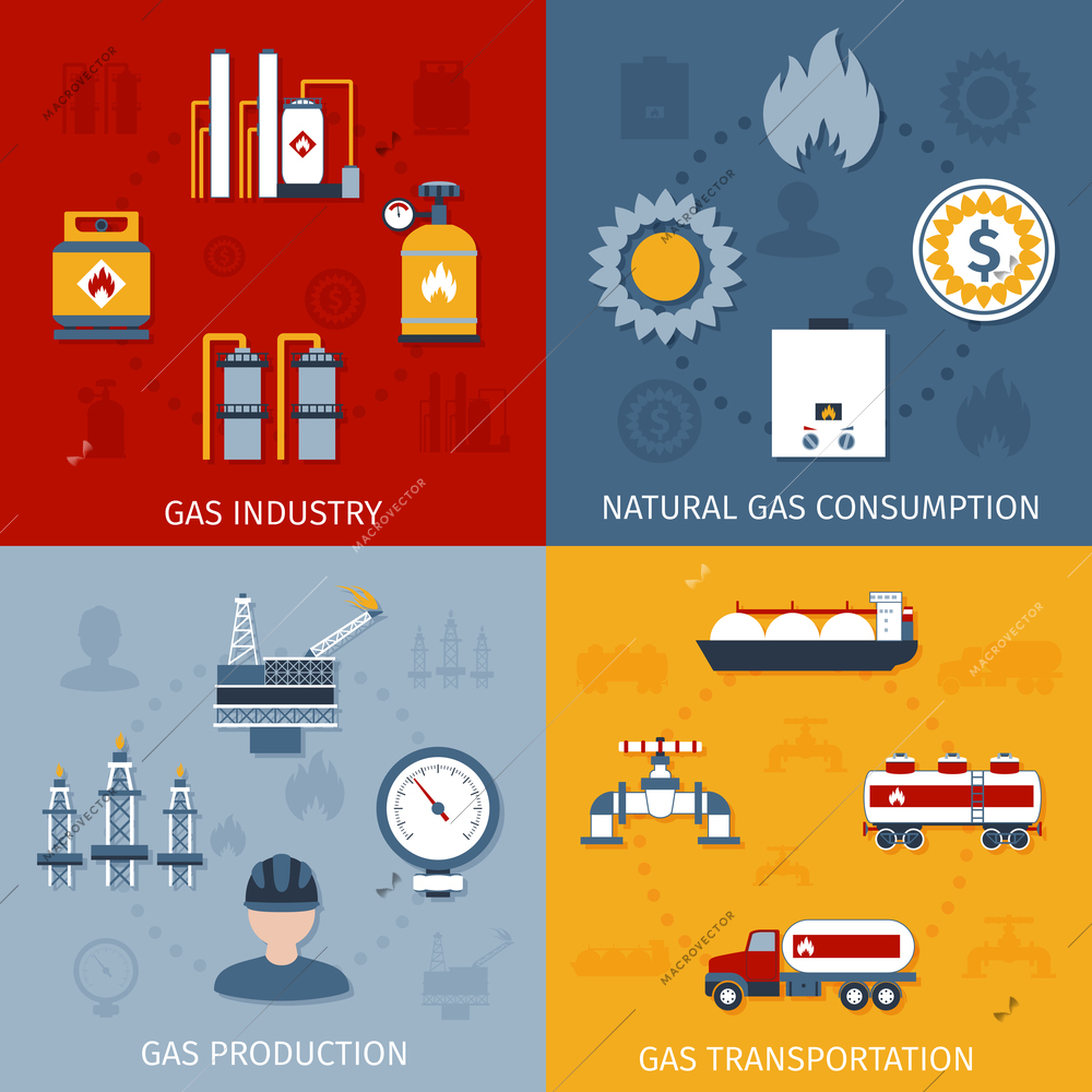 Natural raw gas industry production transportation and consumption 4 flat icons composition design abstract isolated vector illustration