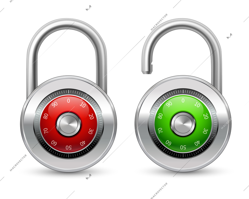 Open green and closed red realistic steel security lock icon with shackle protected by password combination isolated vector illustration