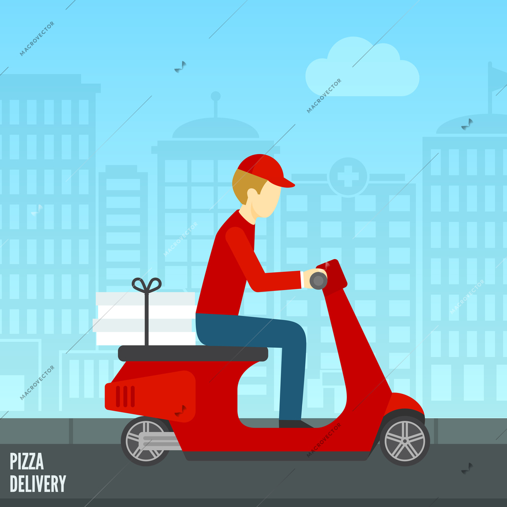 Pizza delivery by courier on scooter in the city icon flat vector illustration