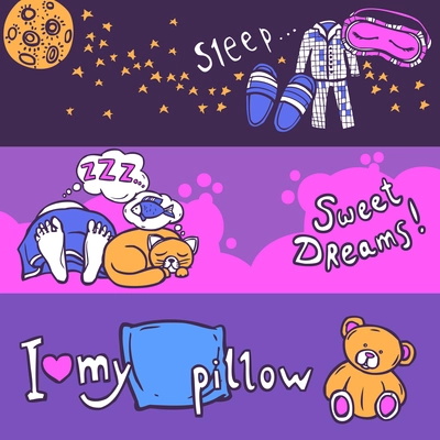 Sleep time horizontal banner set with hand drawn elements isolated vector illustration