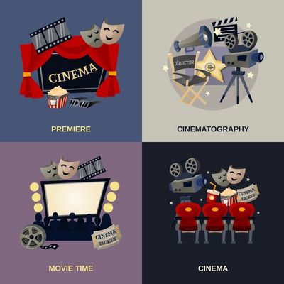 Cinema design concept set with cinematography movie premiere flat icons isolated vector illustration