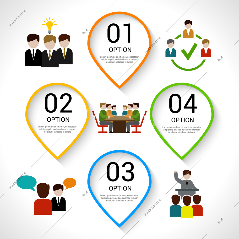 Meeting composition with teamwork and business process flat icons set vector illustration