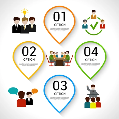 Meeting composition with teamwork and business process flat icons set vector illustration