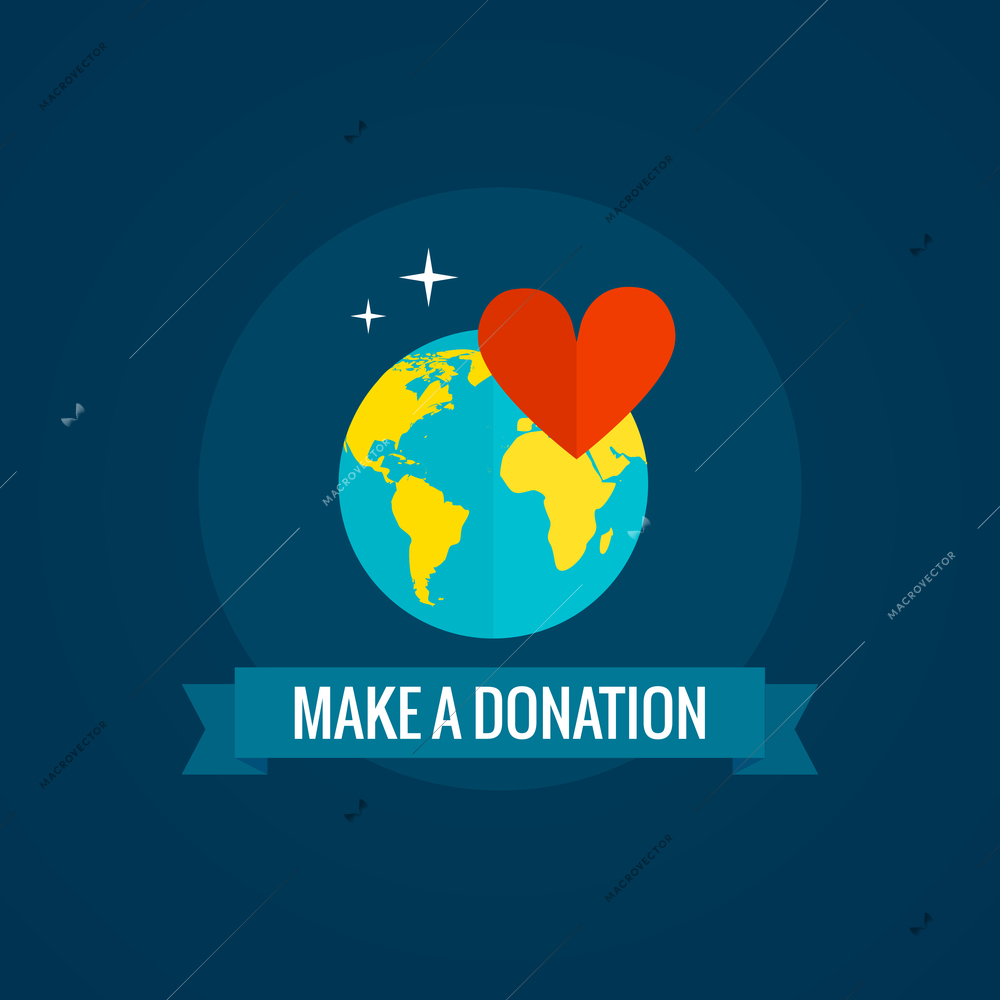 Charity and donations icon with globe heart and ribbon on blue background flat vector illustration