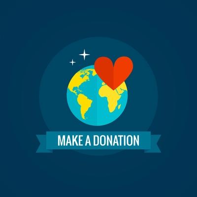 Charity and donations icon with globe heart and ribbon on blue background flat vector illustration