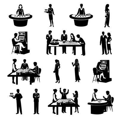 Black people silhouettes gambling in casino icons set isolated vector illustration