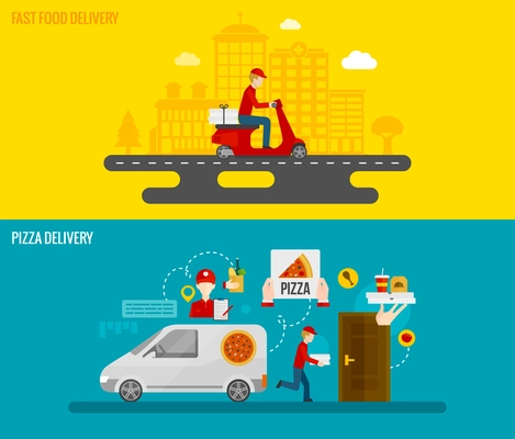 Fast food and pizza delivery by courier to the door horizontal banners set flat isolated vector illustration