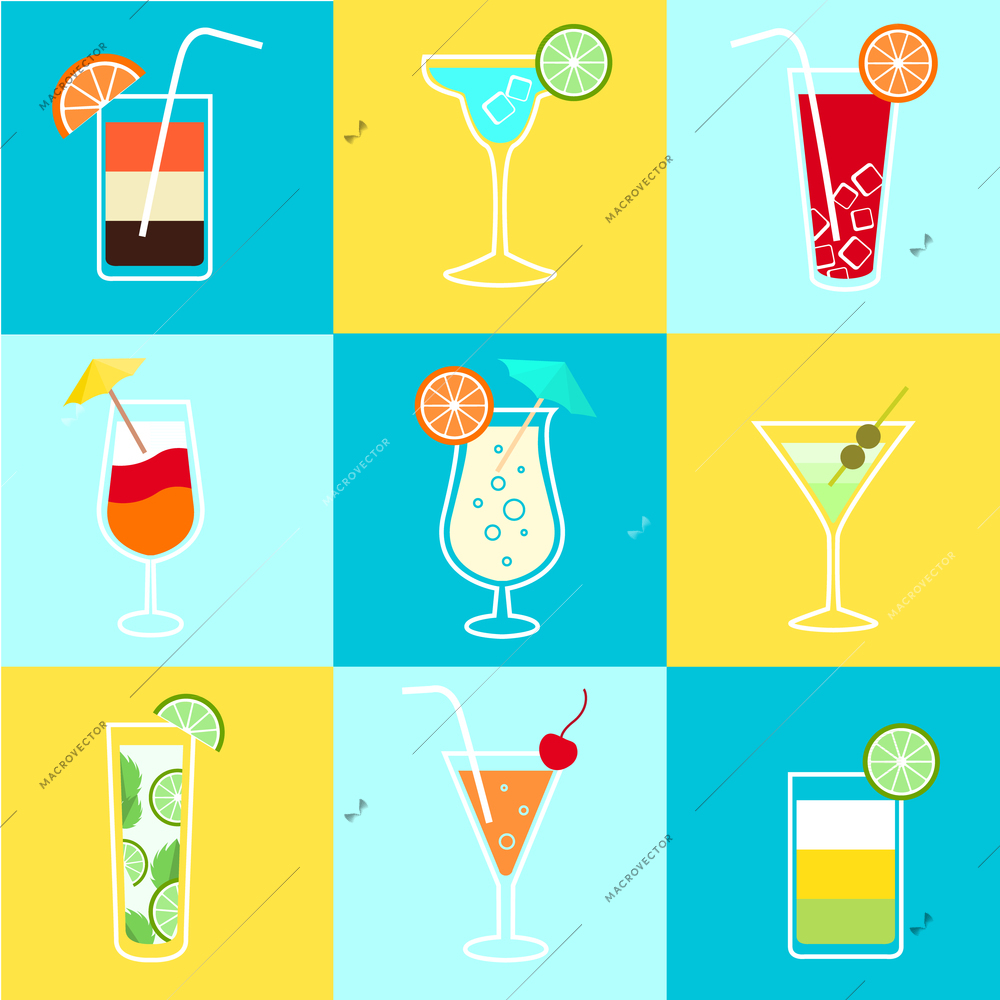 Cocktails party icons set of alcohol drinks martini vodka tequila and brandy isolated vector illustration