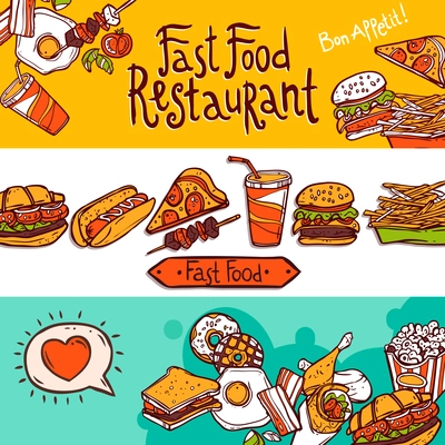 Fast food restaurant colored hand drawn horizontal banners set isolated vector illustration