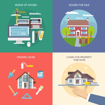 House design concept set with property purchase and building flat icons isolated vector illustration