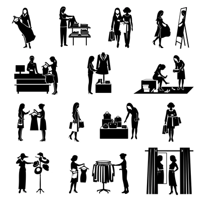 Women fashion shopping black silhouettes icons set isolated vector illustration