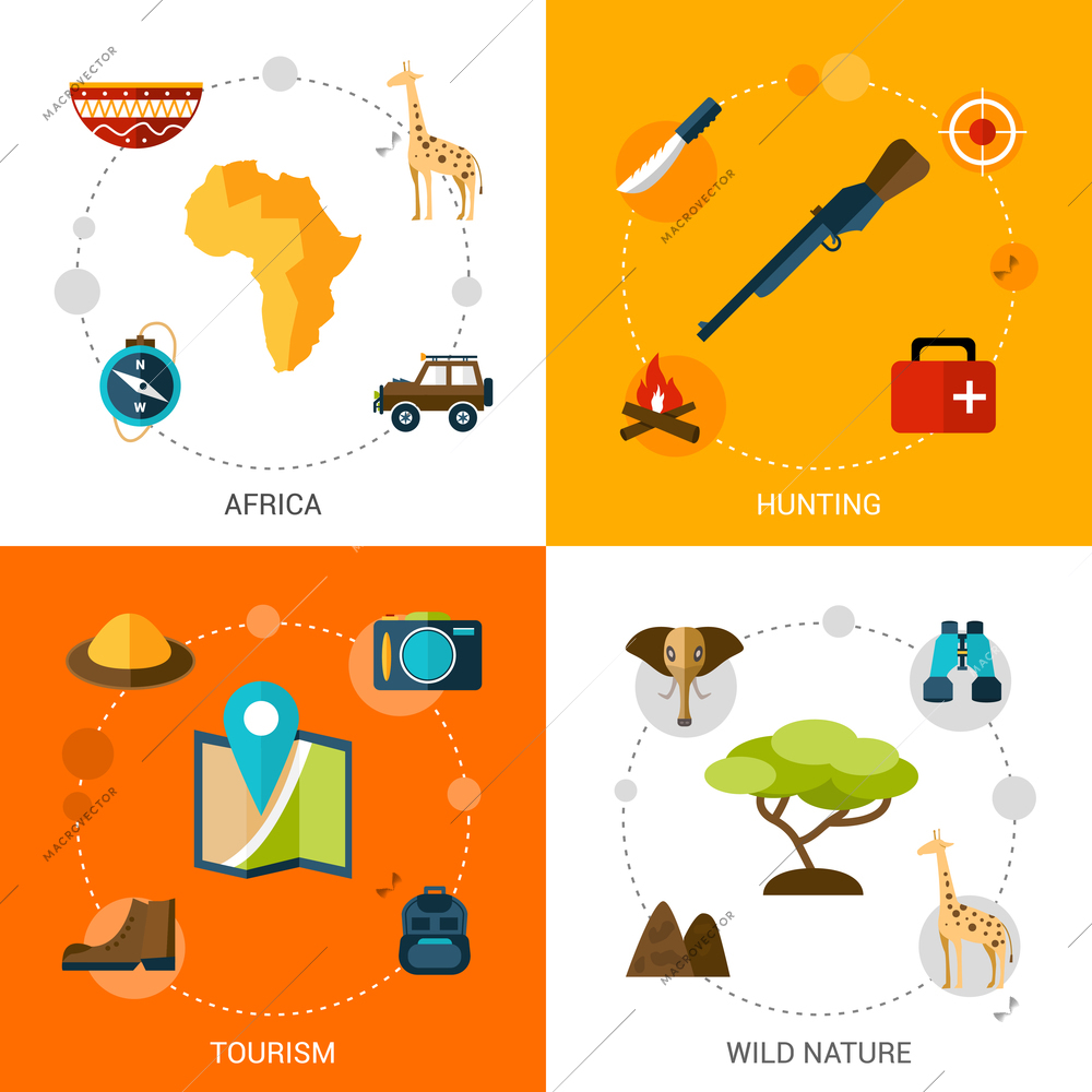 Safari design concept set with africa tourism wild nature hunting flat icons isolated vector illustration