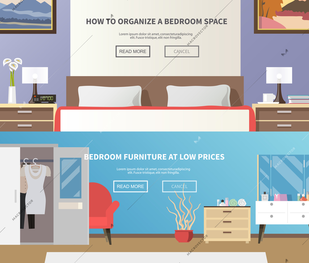 Bedroom furniture horizontal banner set with flat interior elements isolated vector illustration