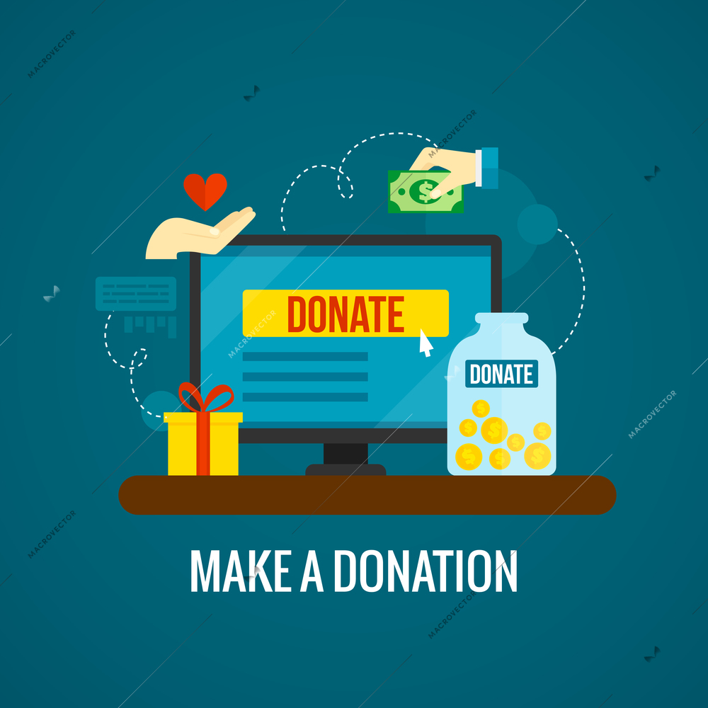 Donations and charity online concept with laptop icon on green background flat vector illustration