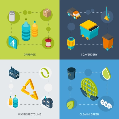 Garbage design concept set with scavengery clean and green waste recycling isometric icons isolated vector illustration