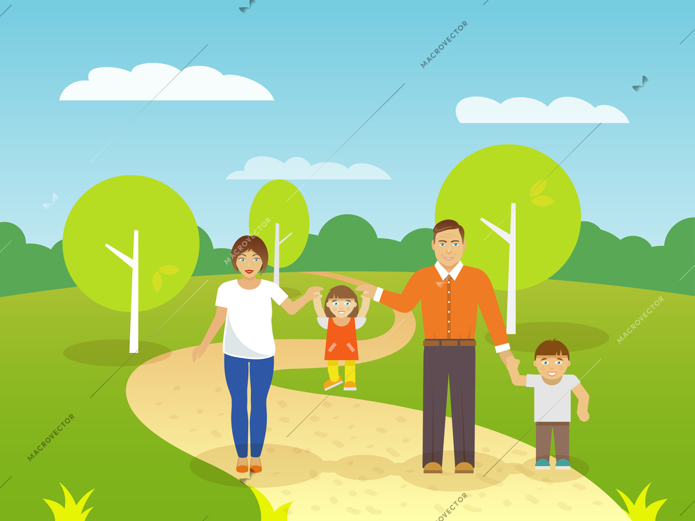 Happy family outdoors with smiling parents couple and boy and girl children flat vector illustration