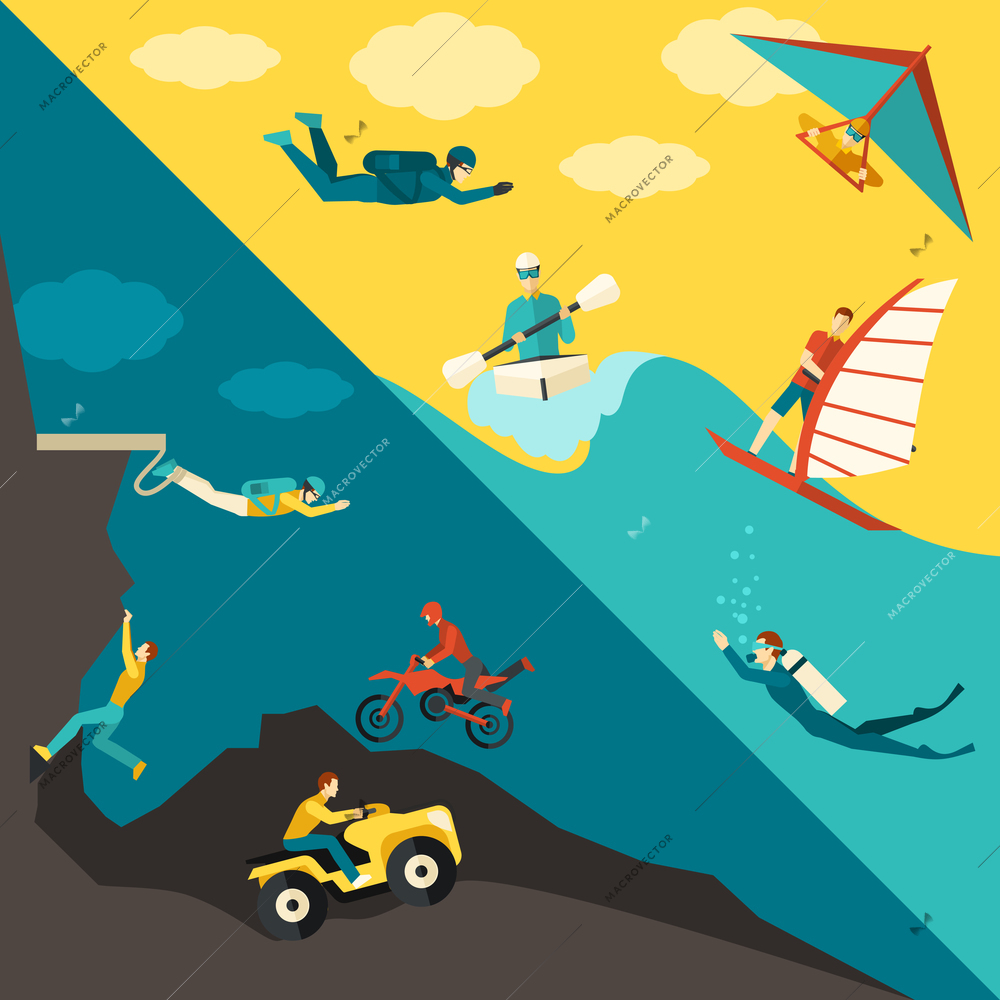 Extreme sports corner set with summer outdoor adventure activity isolated vector illustration