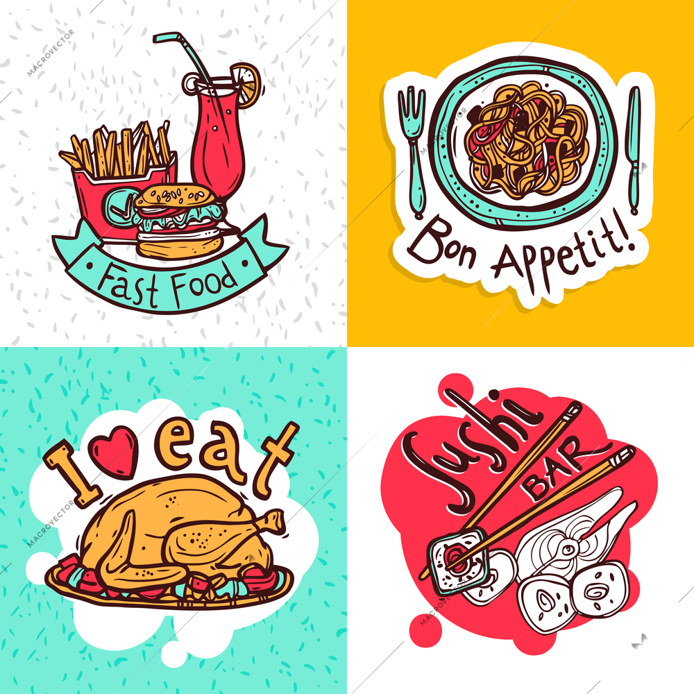 Fast food restaurant 4 flat icons composition of sushi bar and spaghetti dish abstract isolated vector illustration