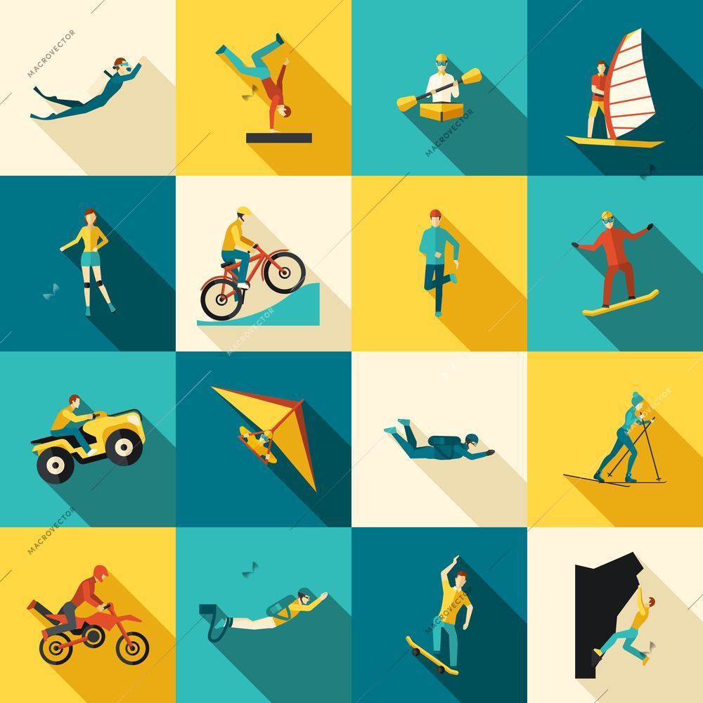 Extreme sports flat long shadow icons set isolated vector illustration