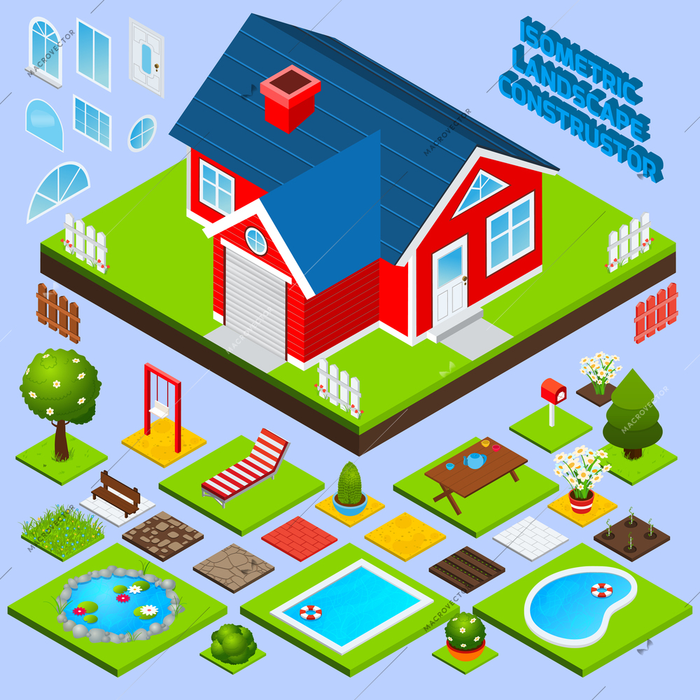 Landscape design isometric with building elements swimming pool trees and flowers vector illustration