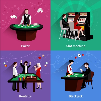 People in casino design concept set with flat poker slot machine roulette blackjack icons isolated vector illustration