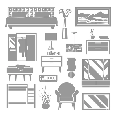 Bedroom and lounge interior furniture grey flat set isolated vector illustration