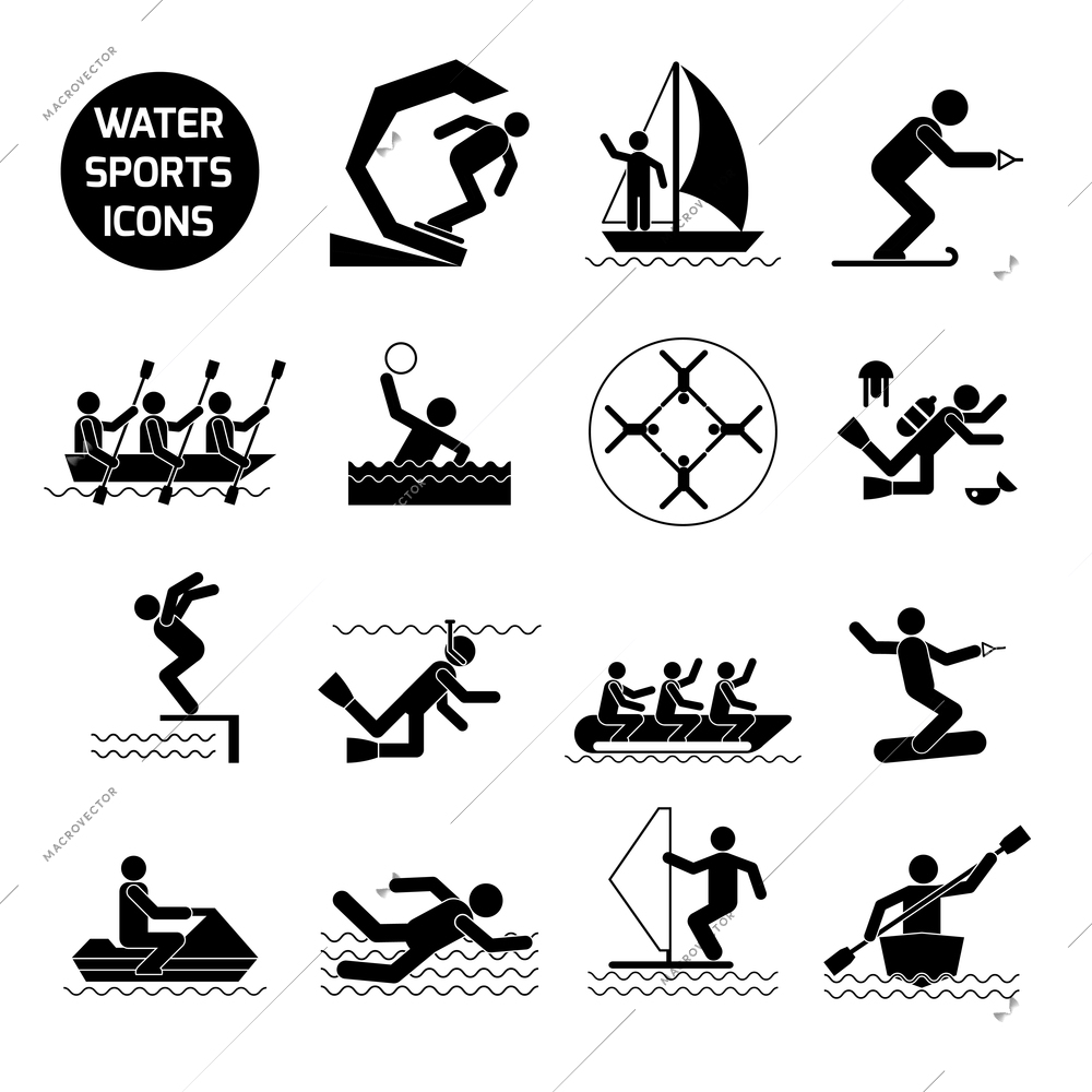 Water sports icons black set with extreme activities and games symbols isolated vector illustration