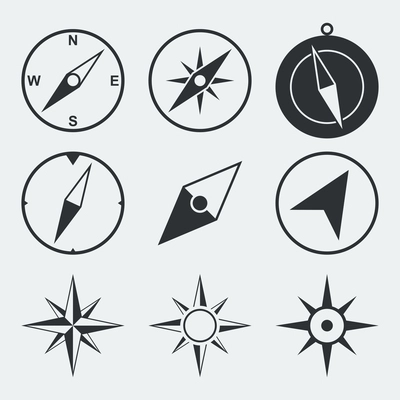 Navigation compass flat icons set isolated vector illustration