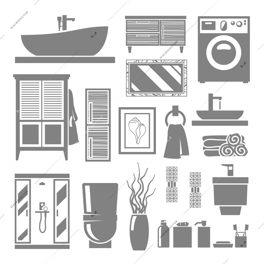 Bathroom furniture and hygiene objects grey flat icons set isolated vector illustration