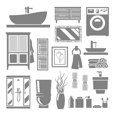 Bathroom furniture and hygiene objects grey flat icons set isolated vector illustration