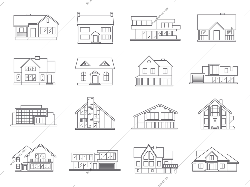 House and real estate building icons flat outline set isolated vector illustration